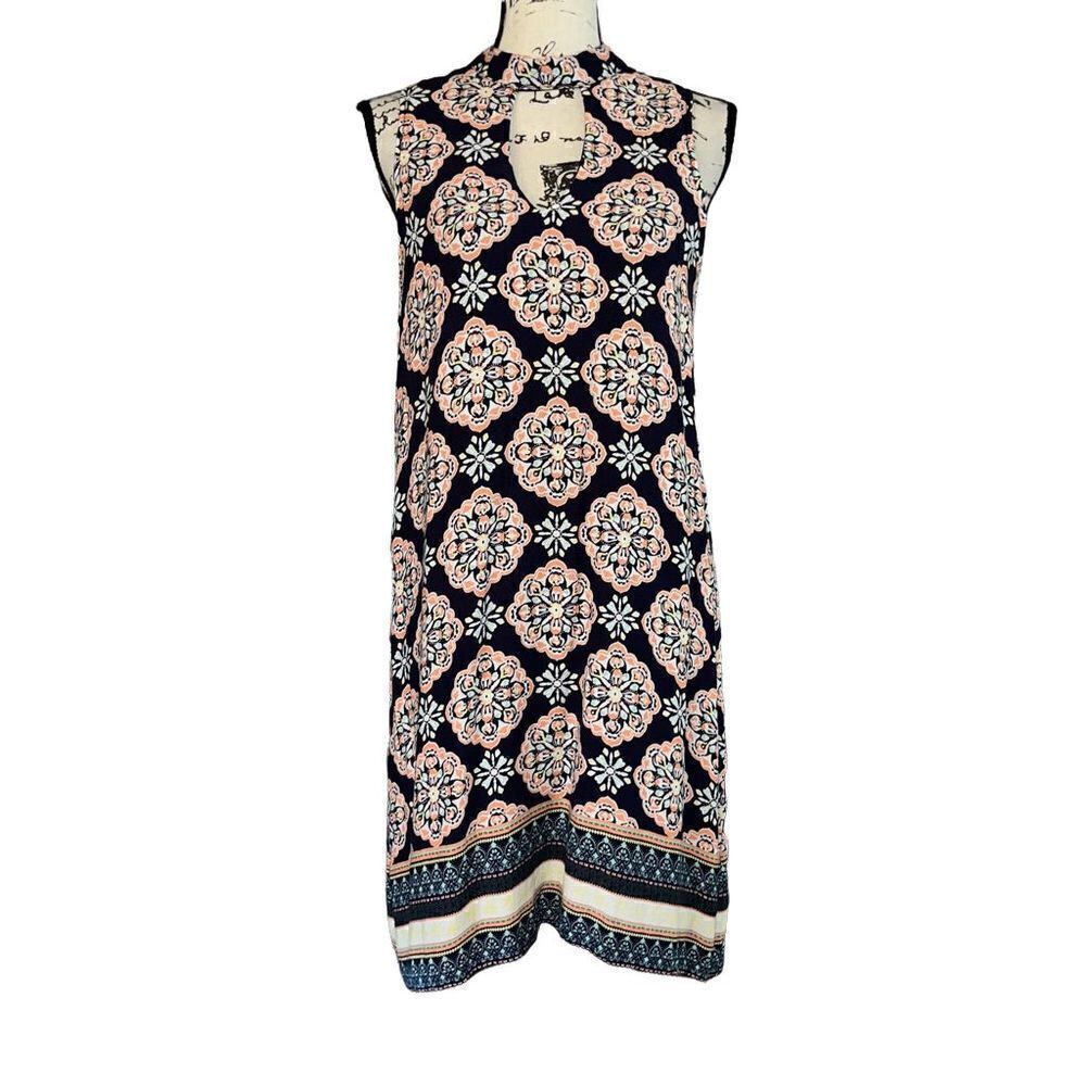 Sequin Hearts Navy Blue Coral Medallion Keyhole Mock‎ Neck Shift Dress XL